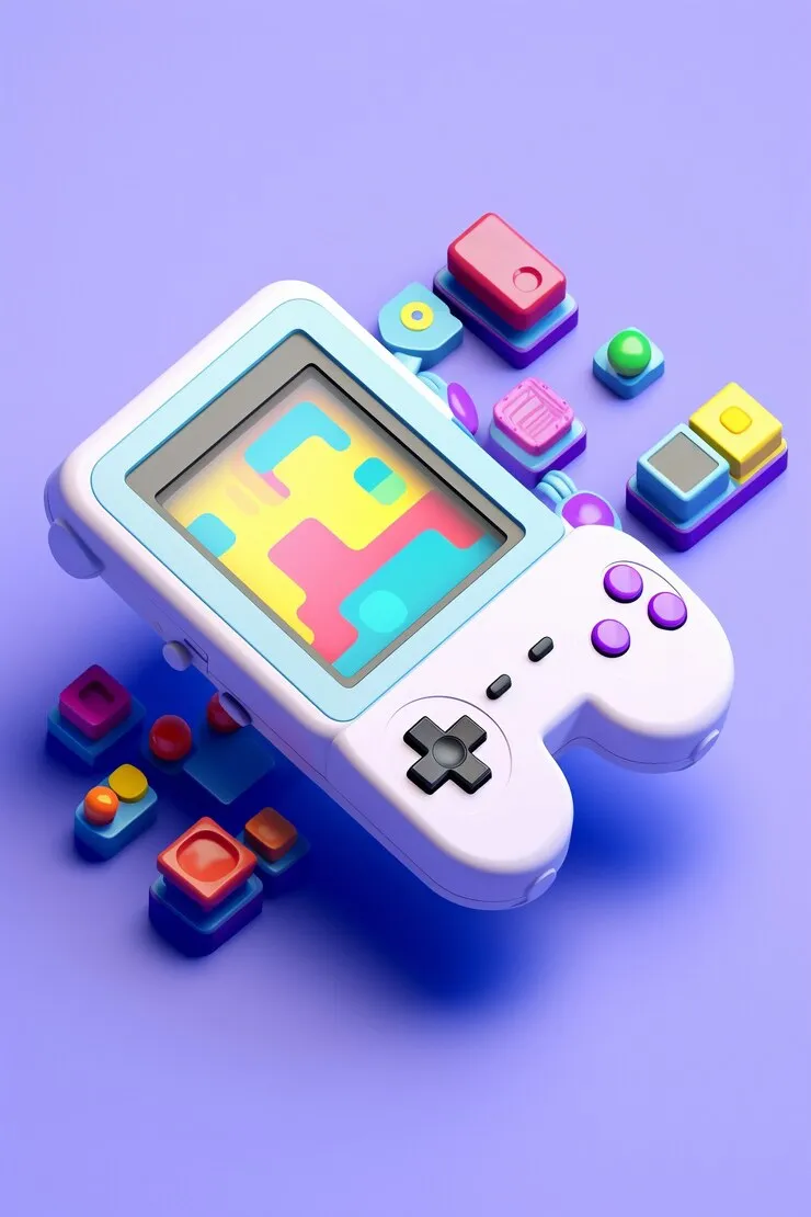 A colorful 3D handheld game console surrounded by game pieces