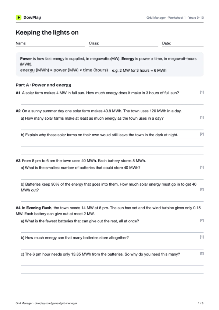 First page of the Grid Manager student worksheets
