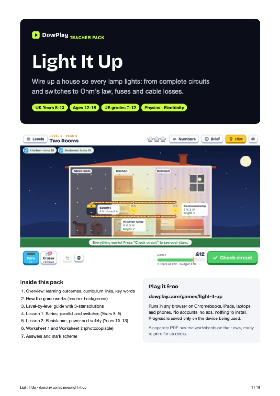 First page of the Light It Up teacher pack