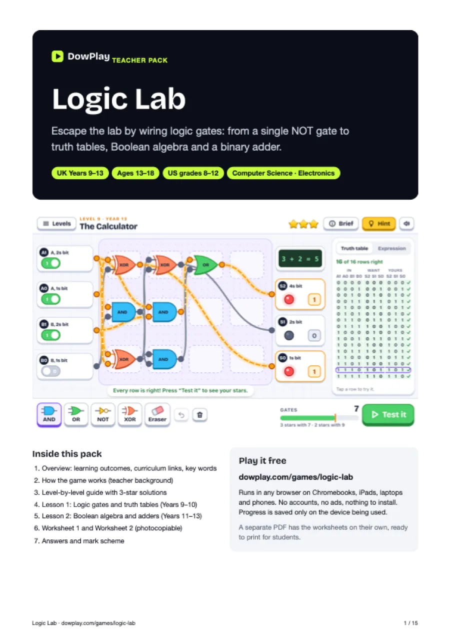 First page of the Logic Lab teacher pack