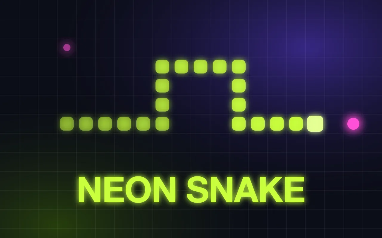 A glowing green neon snake chasing a pink orb on a dark grid