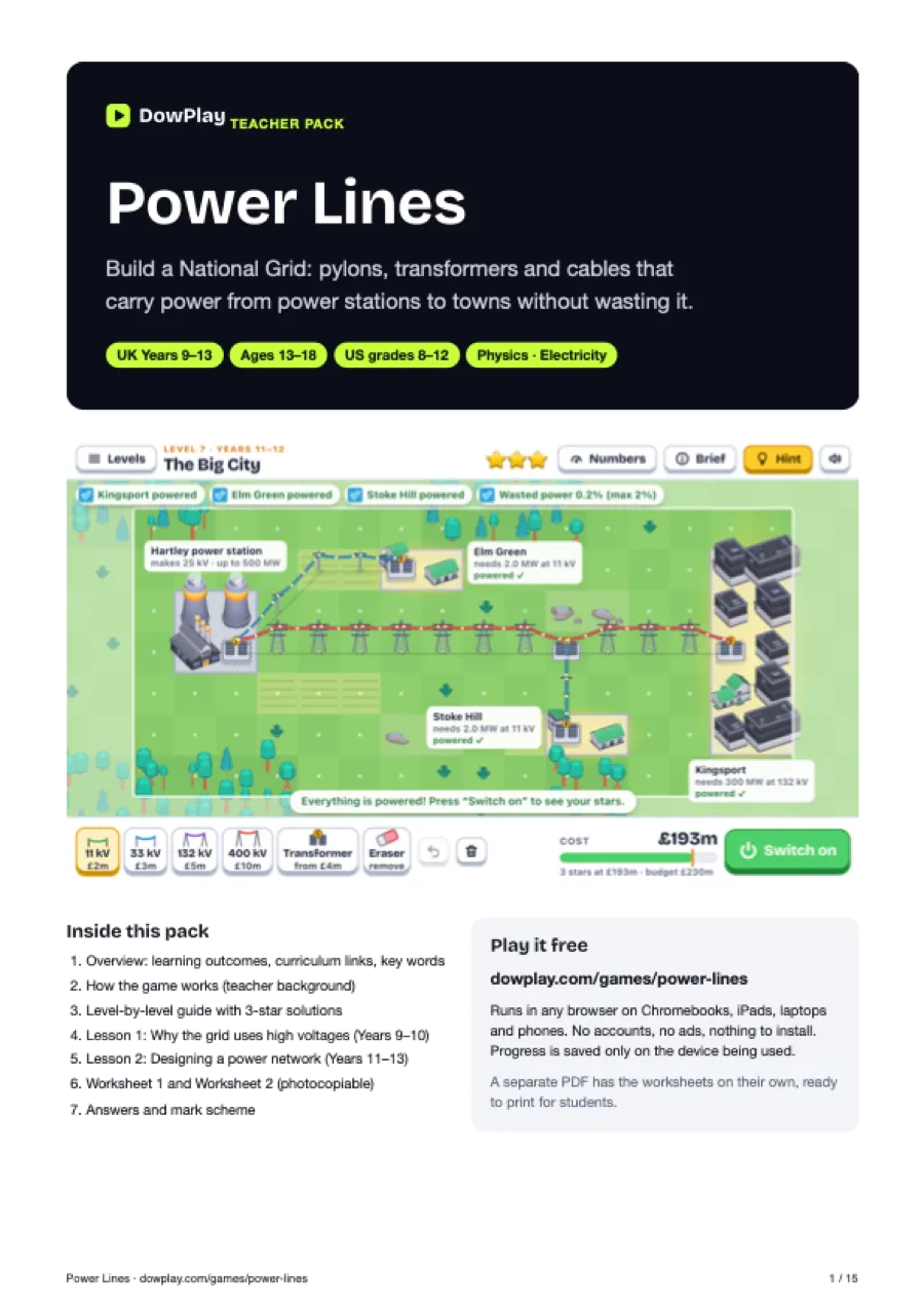 First page of the Power Lines teacher pack