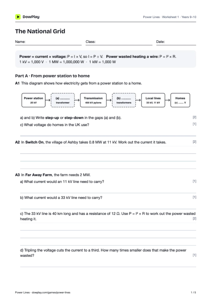 First page of the Power Lines student worksheets