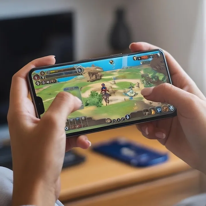 Hands holding a phone with an open-world adventure game