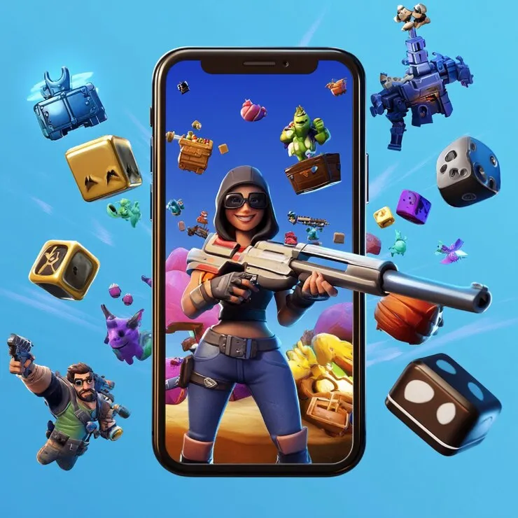 Cartoon action heroes bursting out of a smartphone screen