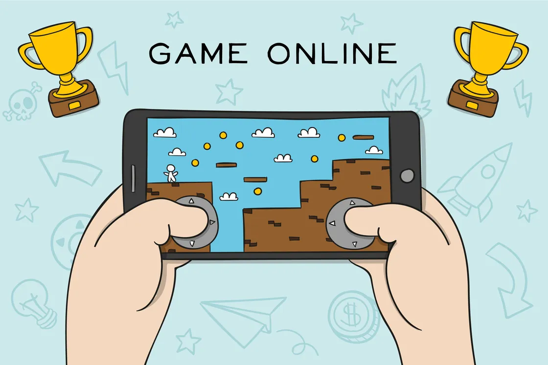 Illustration of hands playing an online platform game on a phone