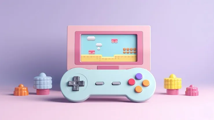 A pastel retro game console showing a classic platformer